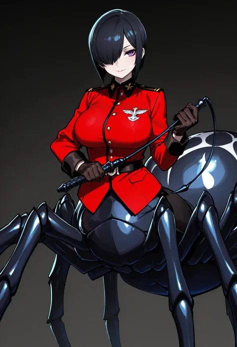 Arachne Girl. Military uniform. Black hair. Straight hair. Short hair. One eye covered. Sexy gaze. Gloves. Spider legs. Phosphorescent spider. Whip. Pert breasts. Multiple legs.