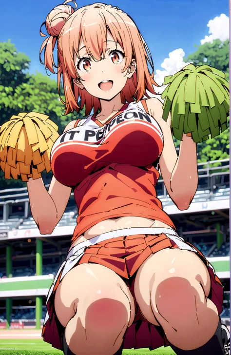Yuigahama Yui , solo,short hair, brown eyes, Picnic, hair bun, single hair bun,smile,blush,and open the mouth,Big Breasts,under boob,(cheerleading), (full body), on chest, (sweated), sweated Wet Clothes, (Red clothing),sleeveless, pleated skirt,black soc...