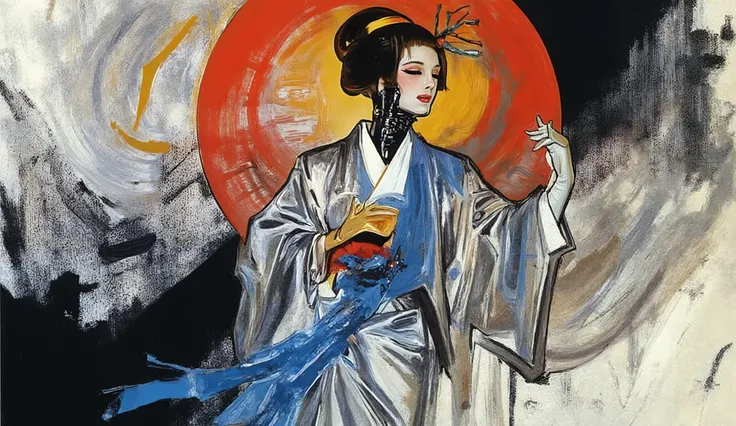 Envision an abstract portrait of a robotic geisha, composed of swirling brushstrokes and metallic textures, with glowing neon accents highlighting her cybernetic enhancements. Her flowing garments blend seamlessly into a background of circuit patterns and ...