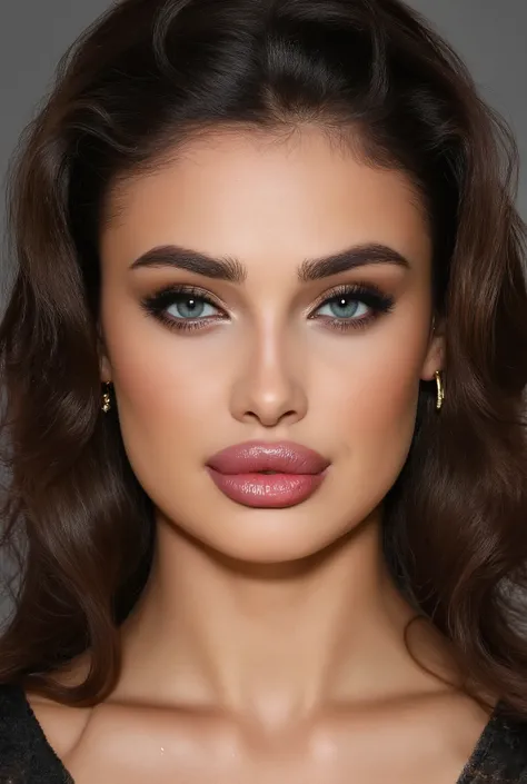 A blend between Aletta_Ocean and Taylor_Hill face, bust portrait, beautiful young woman, photorealistic, detailed facial features, piercing blue eyes, full and plump lips, flawless skin, dramatic makeup, wavy brown hair, confident and seductive expression,...