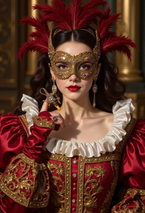 ((masterpiece)) ((photography)) ((Highest quality)) A noblewoman from the French Renaissance era, plump muscle body busty look, elegantly dressed in a richly embroidered gown with a wide collar and puffed sleeves. Her mask is feathered and adorned with jew...