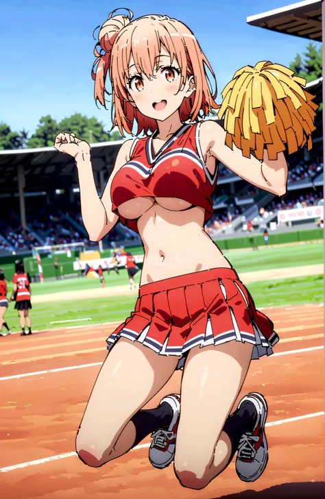 Yuigahama Yui , solo,short hair, brown eyes, Picnic, hair bun, single hair bun,smile,blush,and open the mouth,Big Breasts,under boob,(cheerleading), (full body), on chest, (sweated), sweated Wet Clothes, (Red clothing),sleeveless, pleated skirt,black soc...