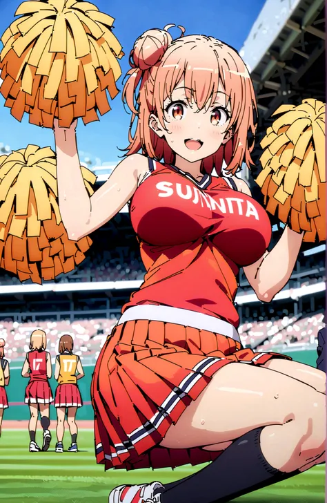 Yuigahama Yui , solo,short hair, brown eyes, Picnic, hair bun, single hair bun,smile,blush,and open the mouth,Big Breasts,under boob,(cheerleading), (full body), on chest, (sweated), sweated Wet Clothes, (Red clothing),sleeveless, pleated skirt,black soc...