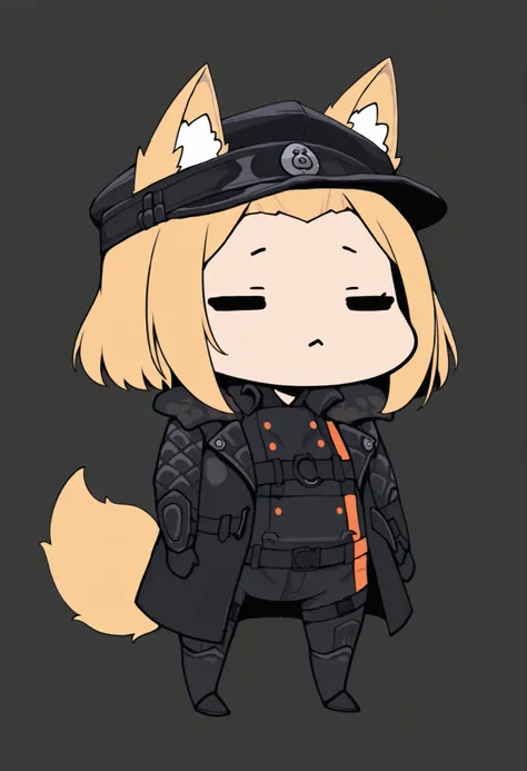 masterpiece, best quality, 1girl, solo, ((testgirl)),  animal ears, fox tail, black cap, black clothes,  blond, chibi, dot eyes, ((emotion is dizziness)), simple gray background, white background, (bare forehead), ((shaved temples:1.3))