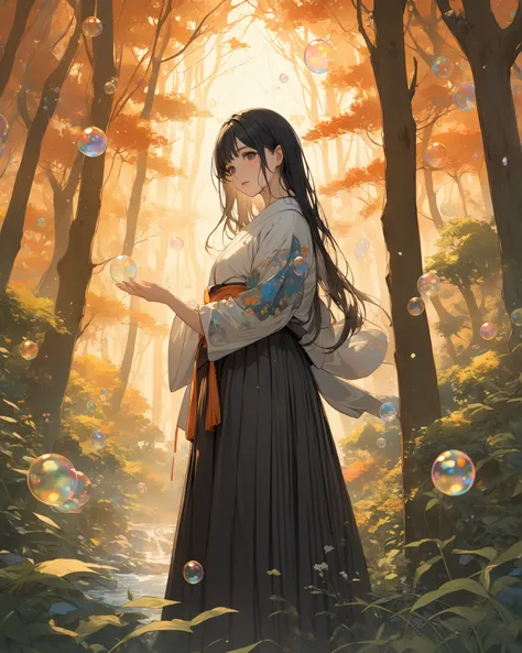 A woman wearing a hakama standing in a beautiful forest、solo、anatomically accurate and perfect、 Dark Eyes、long black hair、soap bubbles flying around during golden hour、Background、trees filtering through the trees during golden hour々is々 Forest of、face up、Ge...
