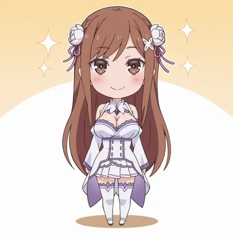 ayane Shirakawa, high quality, masterpiece, Very detailed, high quality, high resolution, A girl, solo, Brown hair, brown eyes, beautiful, beautiful and perfect face, Lustful smile, View your audience,  ( emilia outfit ) , ( Re:Zero outfit ) , cleavage vis...