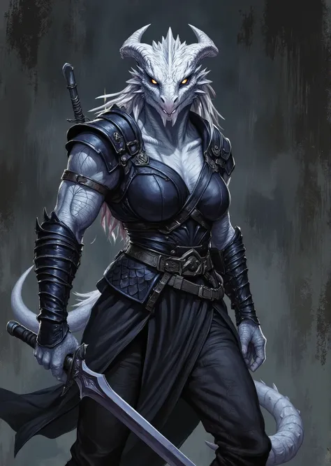 An extremely detailed comic book illustration of an extremely curvaceous Chromatic White Dragonborn from Dungeons and Dragons which look like wingless bipedal dragons scaly bright-eyed and thick-boned with horns on their heads with a white coloration train...