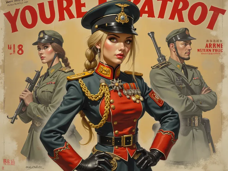 Detailed proportions and textures and multi-color with airbrushed brush strokes that presents a semi-realistic illustration in Chinese A beautiful and strong young woman in a steampunk and epic fantasy style military uniform where black-gray tones predomin...