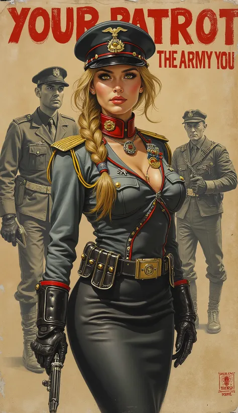 Detailed proportions and textures and multi-color with airbrushed brush strokes that presents a semi-realistic illustration in Chinese A beautiful and strong young woman in a steampunk and epic fantasy style military uniform where black-gray tones predomin...