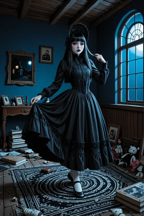 masterpiece, best quality, amazing quality, very aesthetic, absurdres, traditional media, oil painting (medium), impressionism, indoors, ((dark)), night time, dim lighting, cool lighting, blue theme, black theme, victorian, gothic, dark room, Attic, ceilin...