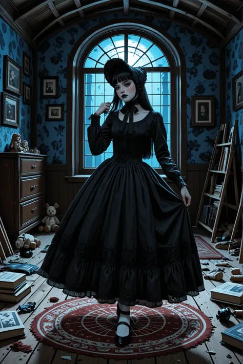 masterpiece, best quality, amazing quality, very aesthetic, absurdres, traditional media, oil painting (medium), impressionism, indoors, ((dark)), night time, dim lighting, cool lighting, blue theme, black theme, victorian, gothic, dark room, Attic, ceilin...
