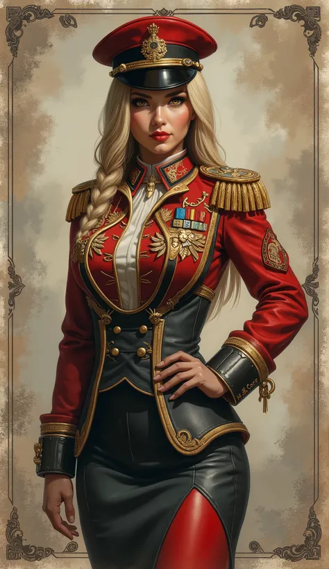 Detailed proportions and textures and multi-color with airbrushed brush strokes that presents a semi-realistic illustration in Chinese A beautiful and strong young woman in a steampunk and epic fantasy style military uniform where black-gray tones predomin...