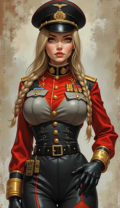 Detailed proportions and textures and multi-color with airbrushed brush strokes that presents a semi-realistic illustration in Chinese A beautiful and strong young woman in a steampunk and epic fantasy style military uniform where black-gray tones predomin...