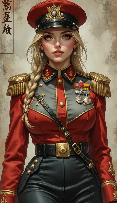 Detailed proportions and textures and multi-color with airbrushed brush strokes that presents a semi-realistic illustration in Chinese A beautiful and strong young woman in a steampunk and epic fantasy style military uniform where black-gray tones predomin...