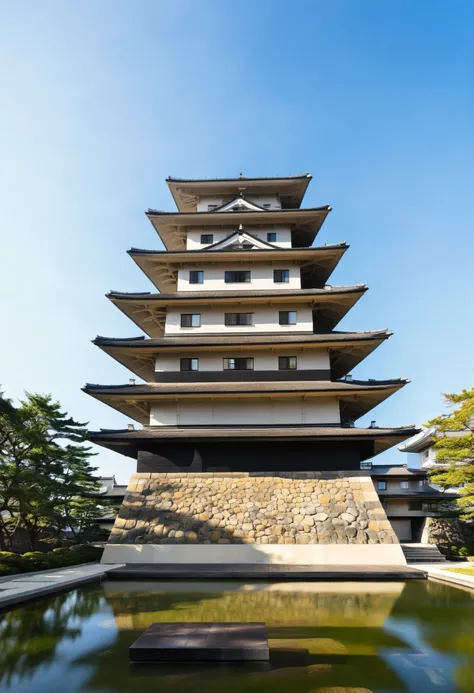 "A futuristic reinterpretation of Edo Castle with a prominent Bauhaus-style tenshu (Japanese castle tower), blending traditional multi-tiered pagoda-like structure with minimalist geometry, clean lines, and industrial materials like steel, concrete, and gl...