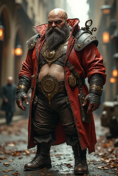 (masterpiece, best quality), a short plump dwarf with no hair, with two-braided beard, dressed in steampunk style, wears airplane pilot goggles, clothes adorned with intricate ornaments, dynamically and sensually. The background of this image is collide wi...