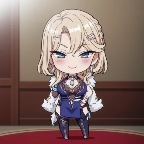 Kurashiki Reika, high quality, masterpiece, Very detailed, high quality, high resolution, A girl, solo, blonde hair, short hair, braided hair, blue eyes, hairl clip beautiful, beautiful and perfect face, Lustful smile, View your audience, ( Yelan outfit )...