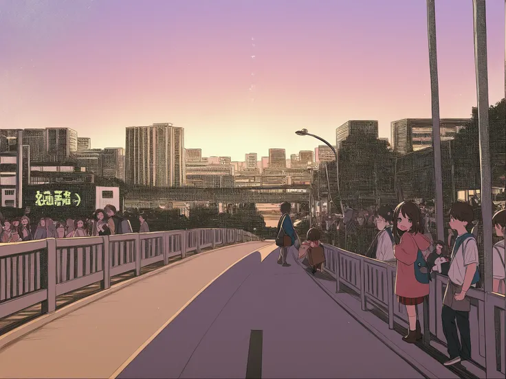  young and old in town、a lot of people、All smiles、Entire City 、simple、Thick lines