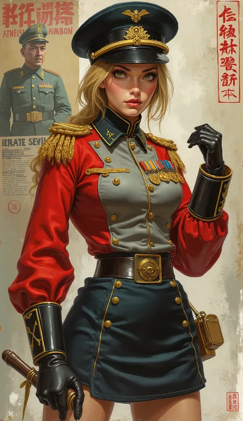 Detailed proportions and textures and multi-color with airbrushed brush strokes that presents a semi-realistic illustration in Chinese A beautiful and strong young woman in a steampunk and epic fantasy style military uniform where black-gray tones predomin...