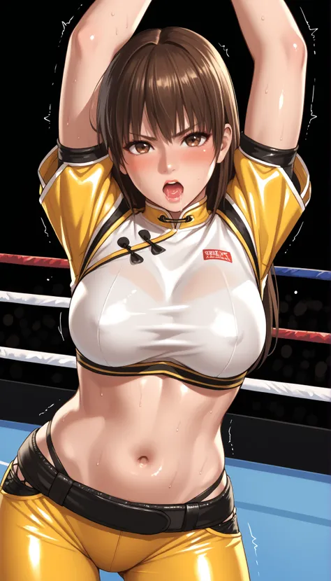 LeiFangDOA, brown hair, (long brown straight hair:1.5), shiny crop top, shiny yellow leggings, short sleeves, fingerless gloves, breasts, gasp, be breathless, sweat, sparkling sweat, trembling, brown eyes, looking at viewer, [[angry]], blush, {anguish}, {{...