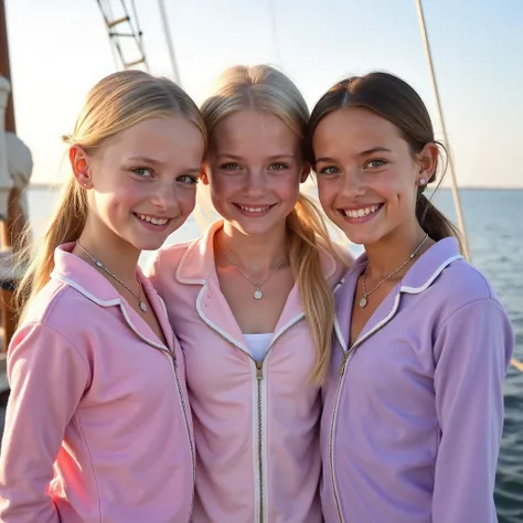 three cute and beautiful blonde and brunette Slavic girls with diaphonous hair in ponytails and luminescent soft pale skin glowing in the sunlight, smiling, attractive, curious, blushing, appear to be around eighteen, wearing various diamond necklaces prou...
