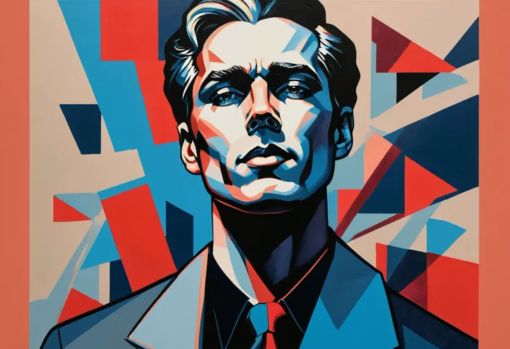 Create a contemporary portrait of a man with sharp features, using a bold and graphic style. Use vibrant, contrasting colors with a strong emphasis on red and blue hues. The background should be a neutral, pale beige or light peach color. The face should b...