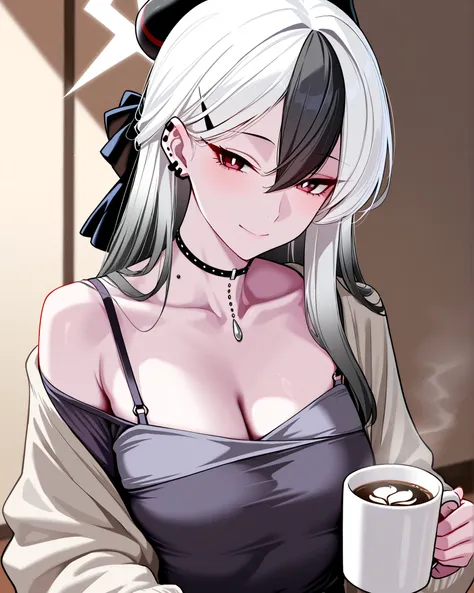 masterpiece,best quality,1 girl, Kayoko_\(green_Archives\),  blind, cup, solo, multicolored_hair, red_eye, black_hair, choker, holding from uniform, holding from uniform_cup, looking_in_viewer, two tone_hair, white_hair, coffee, piercing, horn, _piercing, ...