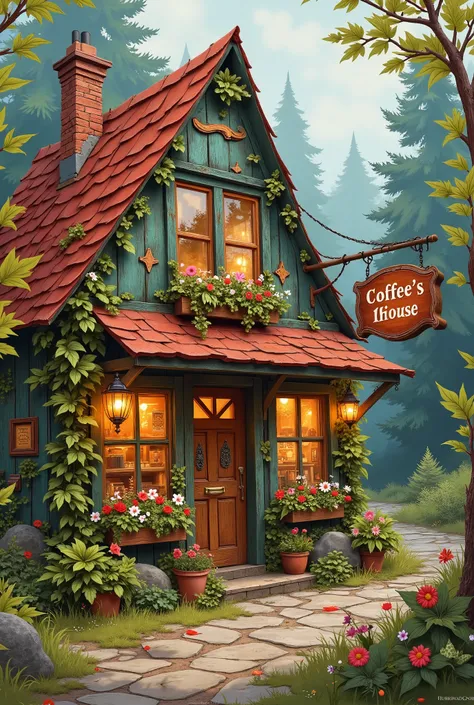 The witch's house in the back of the forest is a coffee shop, old and historic, melancholy, sign in front of the store,  Plants and flowers , painting-style illustration, and best image quality.