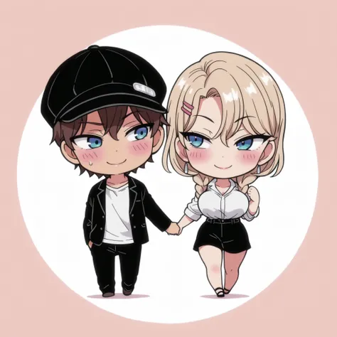 1 boy and 1 girl, 1 boy, straight, couple, dark haired boy, wavy brown hair, 1 girl,Kurashiki Reika, A girl, solo, blonde hair, short hair, braided hair, blue eyes, hairl clip, cute, holding hands, happy, black cap, blushing, high quality, masterpiece, Ver...