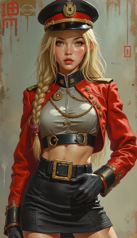 Detailed proportions and textures and multi-color with airbrushed brush strokes that presents a semi-realistic illustration in Chinese A beautiful and strong young woman in a steampunk and epic fantasy style military uniform where black-gray tones predomin...
