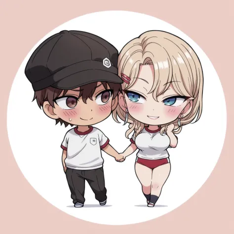 1 boy and 1 girl, 1 boy, straight, couple, dark haired boy, brown eyes, wavy brown hair, 1 girl,Kurashiki Reika, A girl, solo, blonde hair, short hair, braided hair, blue eyes, hairl clip, cute, holding hands, happy, black cap, blushing, high quality, mast...
