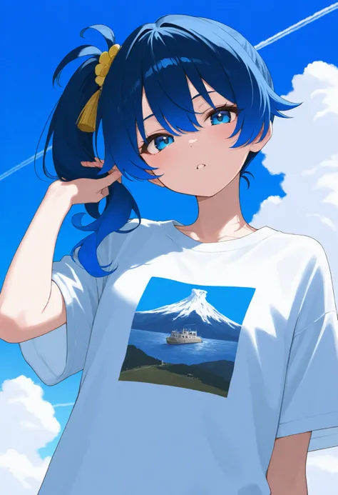 Printed t-shirt with Bauhaus style poster design、The background is a Bauhaus style poster that spreads out on the front、Hair color combining red, blue, and white、side ponytail