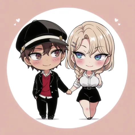 1 boy and 1 girl, 1 boy, straight, couple, brown eyes, dark haired boy, wavy brown hair, 1 girl,Kurashiki Reika, A girl, solo, blonde hair, short hair, braided hair, blue eyes, hairl clip, cute, holding hands, happy, black cap, blushing, high quality, mas...