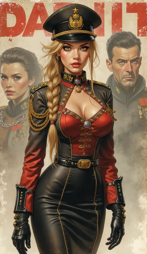 Detailed proportions and textures and multi-color with airbrushed brush strokes that presents a semi-realistic illustration in Chinese A beautiful and strong young woman in a steampunk and epic fantasy style military uniform where black-gray tones predomin...