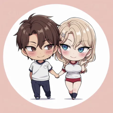 1 boy and 1 girl, 1 boy, straight, couple, dark haired boy, brown eyes, wavy brown hair, 1 girl,Kurashiki Reika, A girl, solo, blonde hair, short hair, braided hair, blue eyes, hairl clip, cute, holding hands, happy, blushing, high quality, masterpiece, Ve...