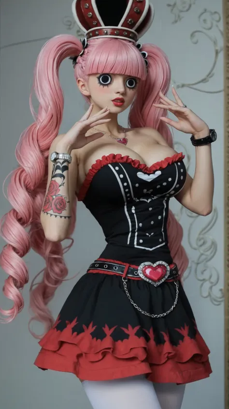 A girl, alone, realistic style, fantasy anime fashion, slim build, very long pink hair with thick, straight bangs to one side, soft and confident expression, large expressive eyes with long, curly eyelashes, gothic makeup with bright red lipstick and subtl...