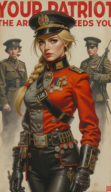Detailed proportions and textures and multi-color with airbrushed brush strokes that presents a semi-realistic illustration in Chinese A beautiful and strong young woman in a steampunk and epic fantasy style military uniform where black-gray tones predomin...