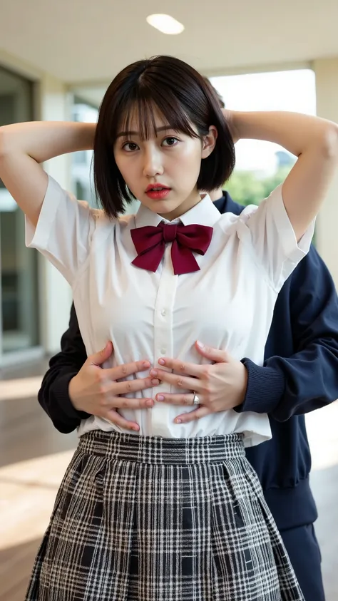 A high resolution photograph of a young beautiful Japanese woman being molested standing inside the classroom.
She wears a school uniform complete with white collared shirt, school bowtie and plaid pleated skirt. She puts her arms behind her head. She has ...