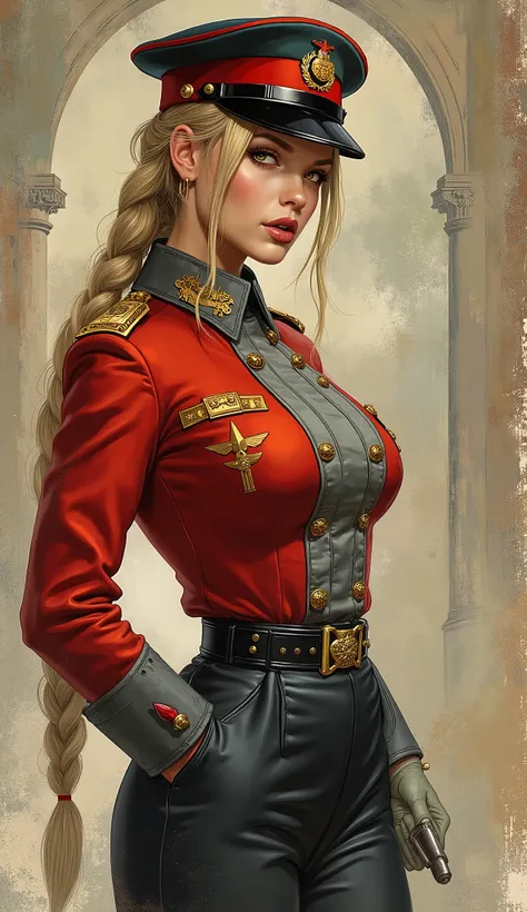 Detailed proportions and textures and multi-color with airbrushed brush strokes that presents a semi-realistic illustration in Chinese A beautiful and strong young woman in a steampunk and epic fantasy style military uniform where black-gray tones predomin...