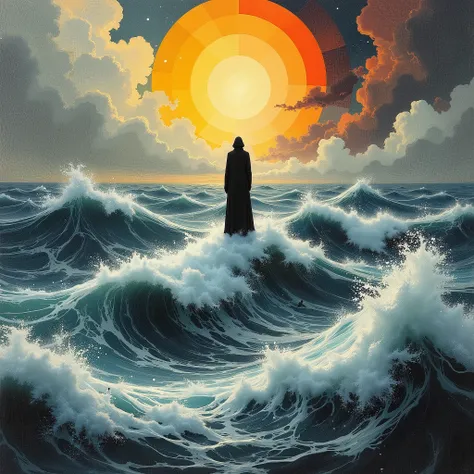 Bauhaus style art that combines all art forms, a person standing on the raging waves, ultra detailed, absolutely resolution, masterpiece