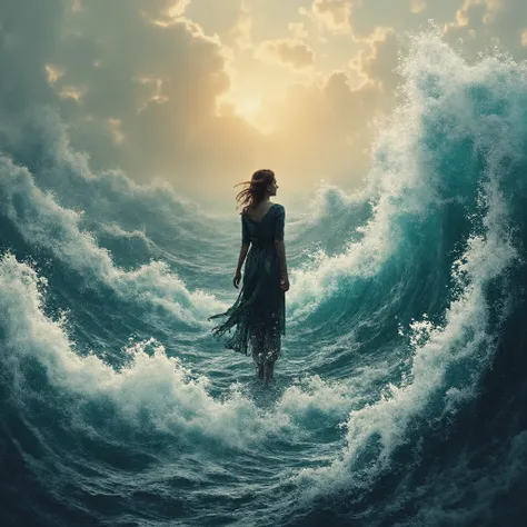Bauhaus style art that combines all art forms, a person standing on the raging waves, ultra detailed, absolutely resolution, masterpiece
