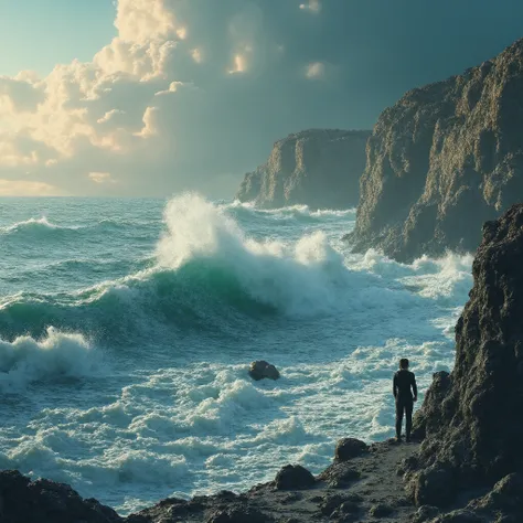 Bauhaus style art that combines all art forms, a person standing on the raging waves, ultra detailed, absolutely resolution, masterpiece