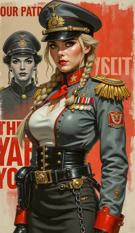 Detailed proportions and textures and multi-color with airbrushed brush strokes that presents a semi-realistic illustration in Chinese A beautiful and strong young woman in a steampunk and epic fantasy style military uniform where black-gray tones predomin...