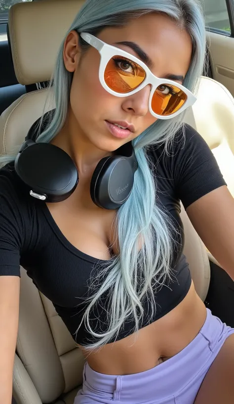 img_325.HEIC. A young woman, fair-skinned and probably of Latin American or Hispanic ethnicity, with bright light brown eyes (emphasis: 1.5) and hyper-realistic light blue hair, long and smoky on the sides, creating a voluminous effect in the center. Bodyb...