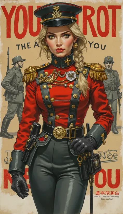 Detailed proportions and textures and multi-color with airbrushed brush strokes that presents a semi-realistic illustration in Chinese A beautiful and strong young woman in a steampunk and epic fantasy style military uniform where black-gray tones predomin...