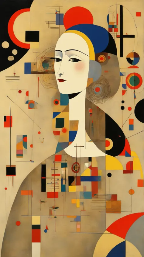 La joven de la perla, solo, masterpiece, ((geometric art)), solid colors, Vasili Kandinsky style, (joven de la perla :1.2), golden ratio, abstract art