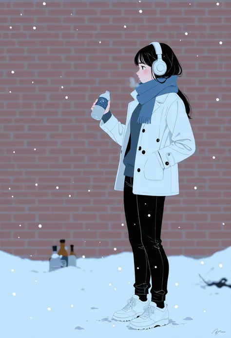 1girl, black hair, long hair, profile, headphones, blush, scarf, pants, shoes, long sleeves, sweater, standing, hand in pocket, coat, bottle, snow, solo, snowing, holding, limited palette, signature, black pants, white footwear, brick wall, blue scarf, fla...