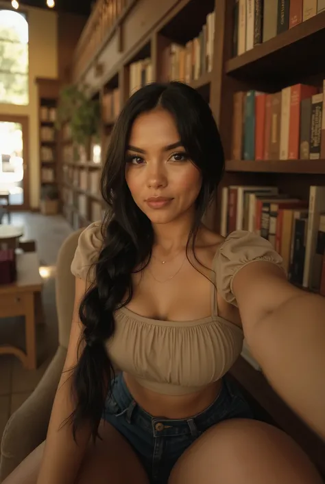 [Indoor portrait in a vintage-style local bookstore | Warm golden afternoon light spills through tall antique windows, casting nostalgic shadows across the wooden shelves and stacks of books | The atmosphere feels cozy yet cinematic, filled with rich textu...