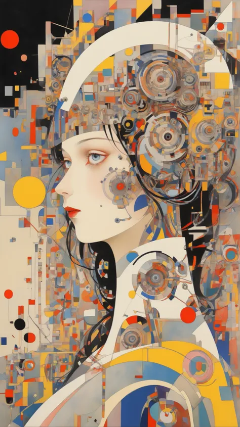 1girl, solo, masterpiece, ((geometric art)), solid colors, Vasili Kandinsky style, (cyborg, robot:1.2), golden ratio, abstract art
