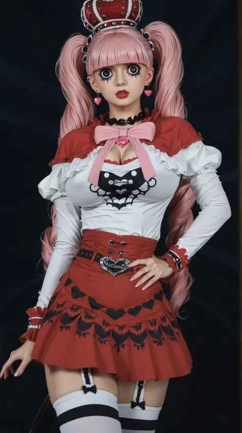 1 girl, alone, realistic style, fantasy anime fashion, slim build, very long pink twin tails with thick straight bangs to one side, wearing a tight white long-sleeve shirt with red cuffs and collar details, and a black ornate heart-and-key emblem on the ch...